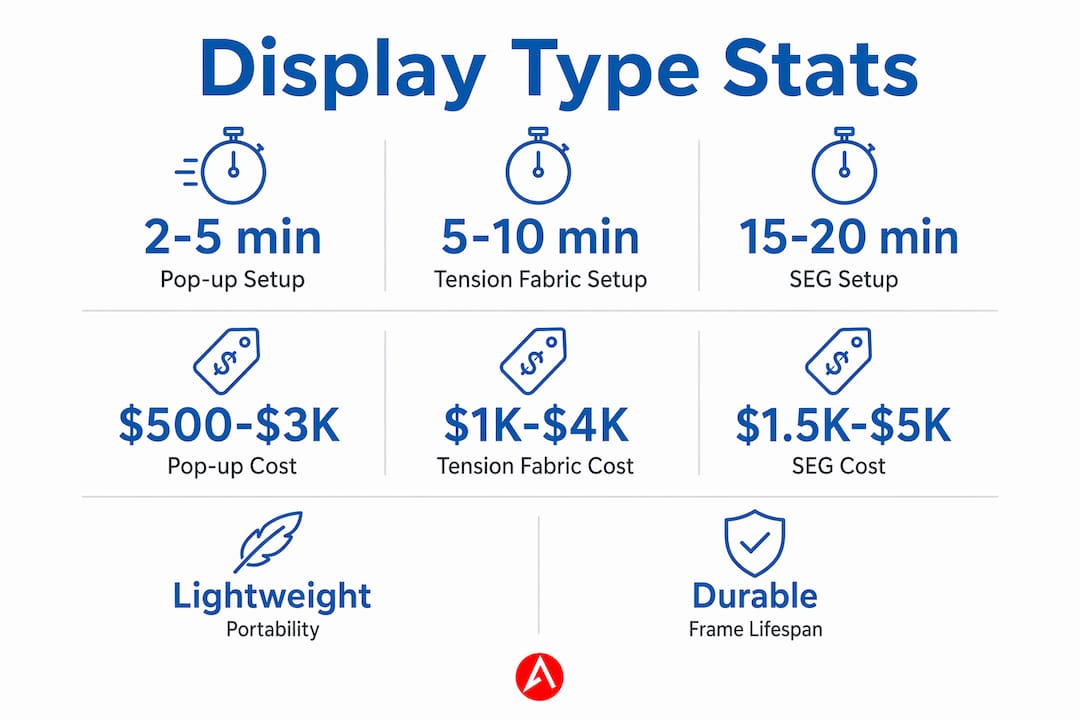 Infographic comparing trade show display types by setup time and cost