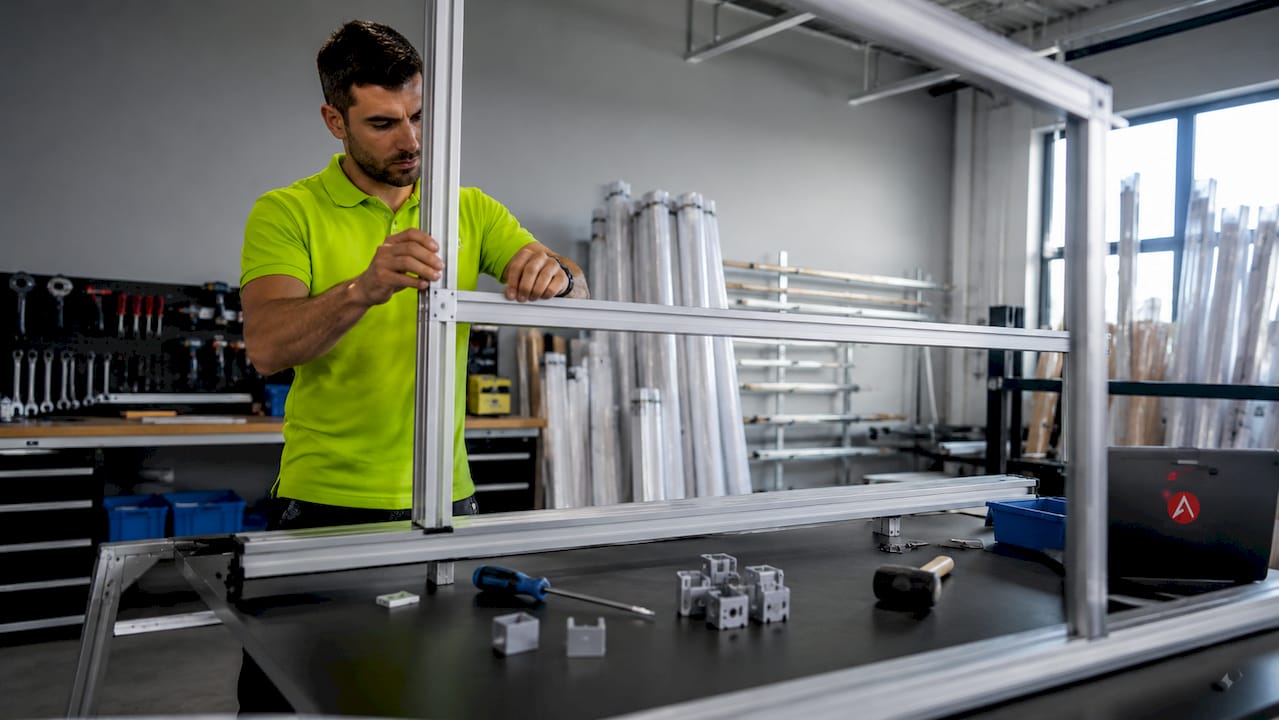 Hands assembling modular banner with snap-lock connectors