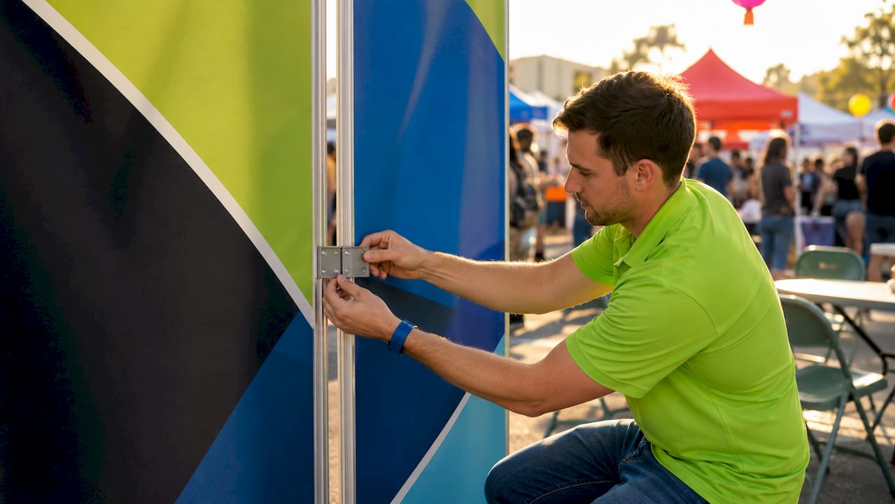 Technician connecting banner stands at trade show