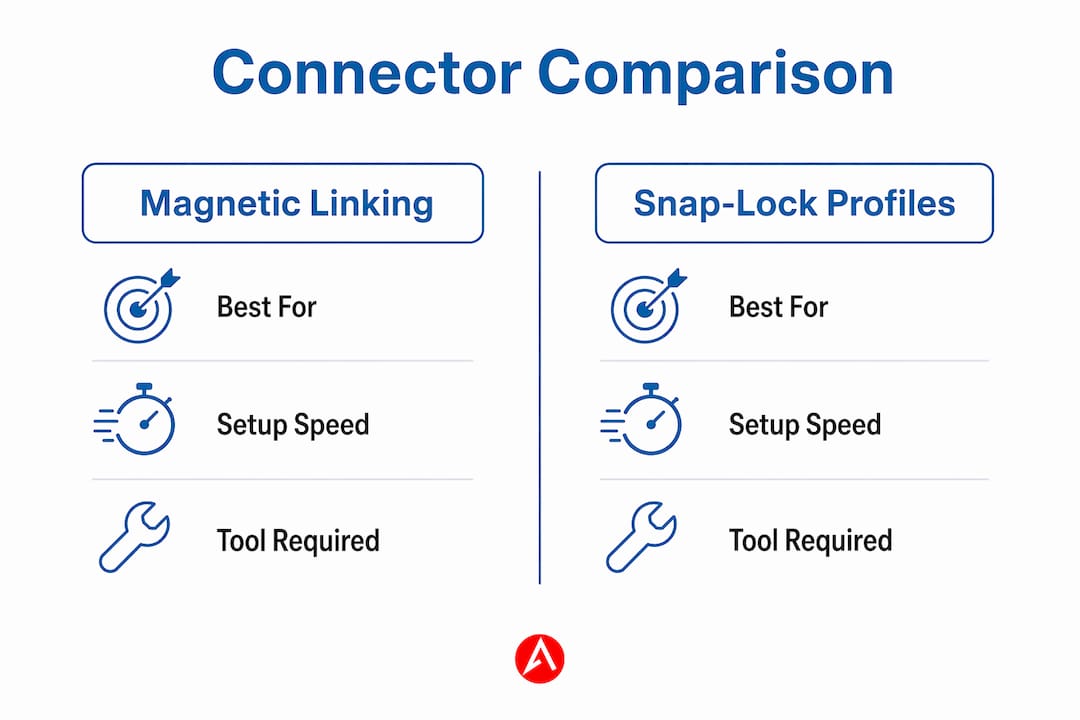 Infographic comparing magnetic and snap-lock banner connectors