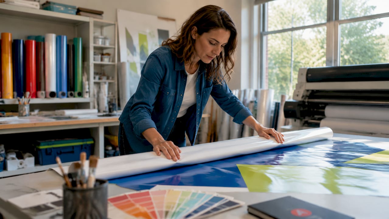 Woman unrolling vinyl event banner in workshop
