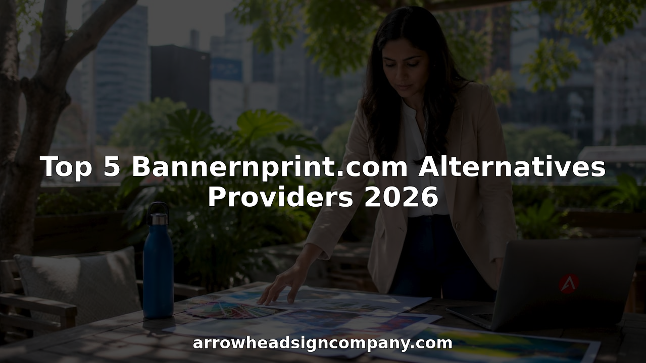Businesswoman reviewing printed banner samples at table