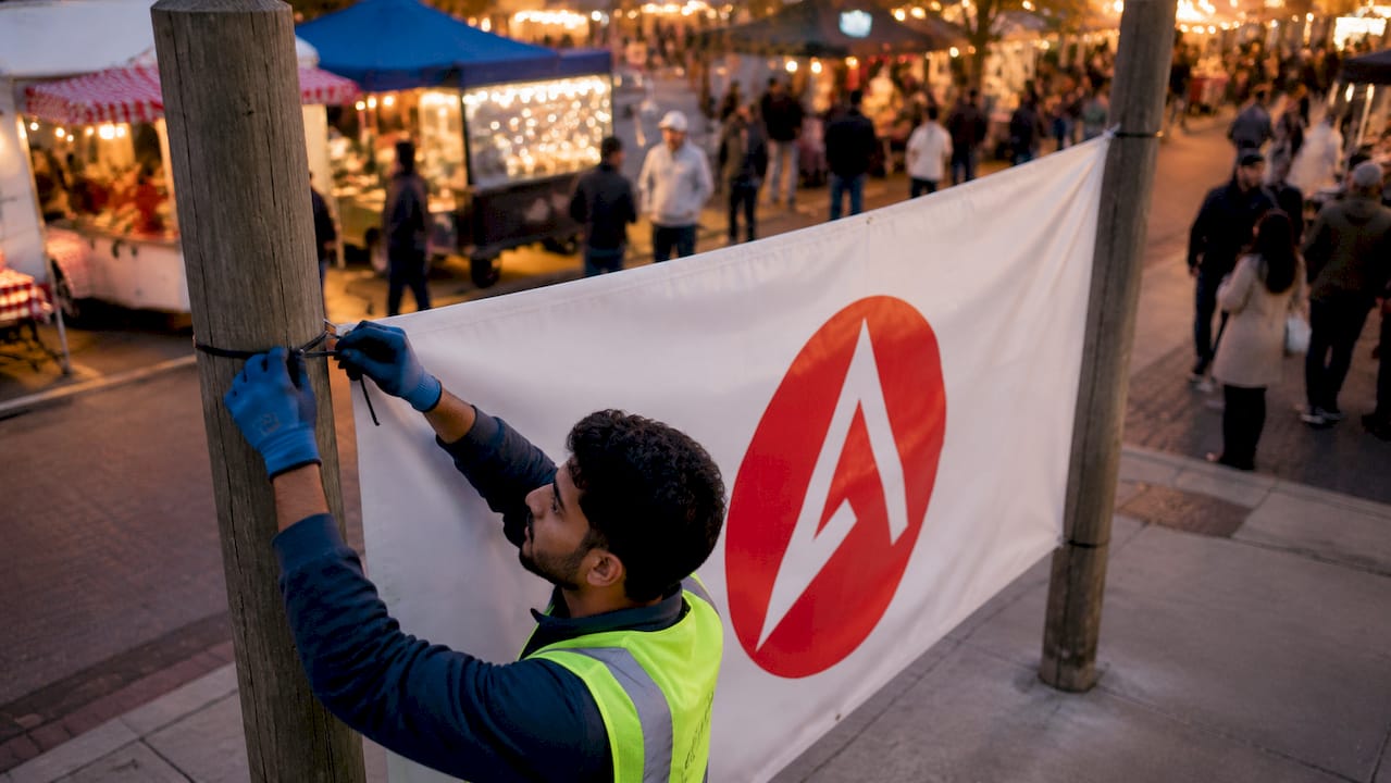 Worker installing large outdoor vinyl banner