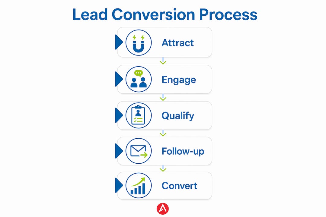 Infographic illustrating trade show lead conversion steps