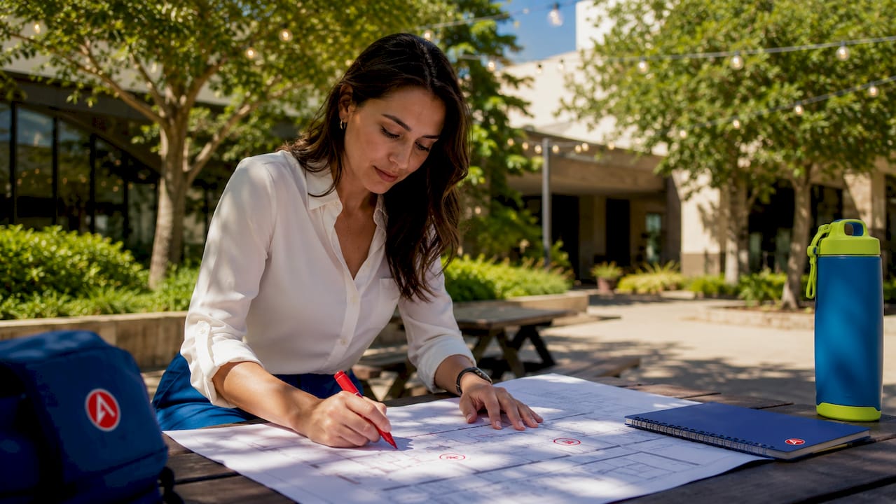 Event planner annotating floor plan for signage
