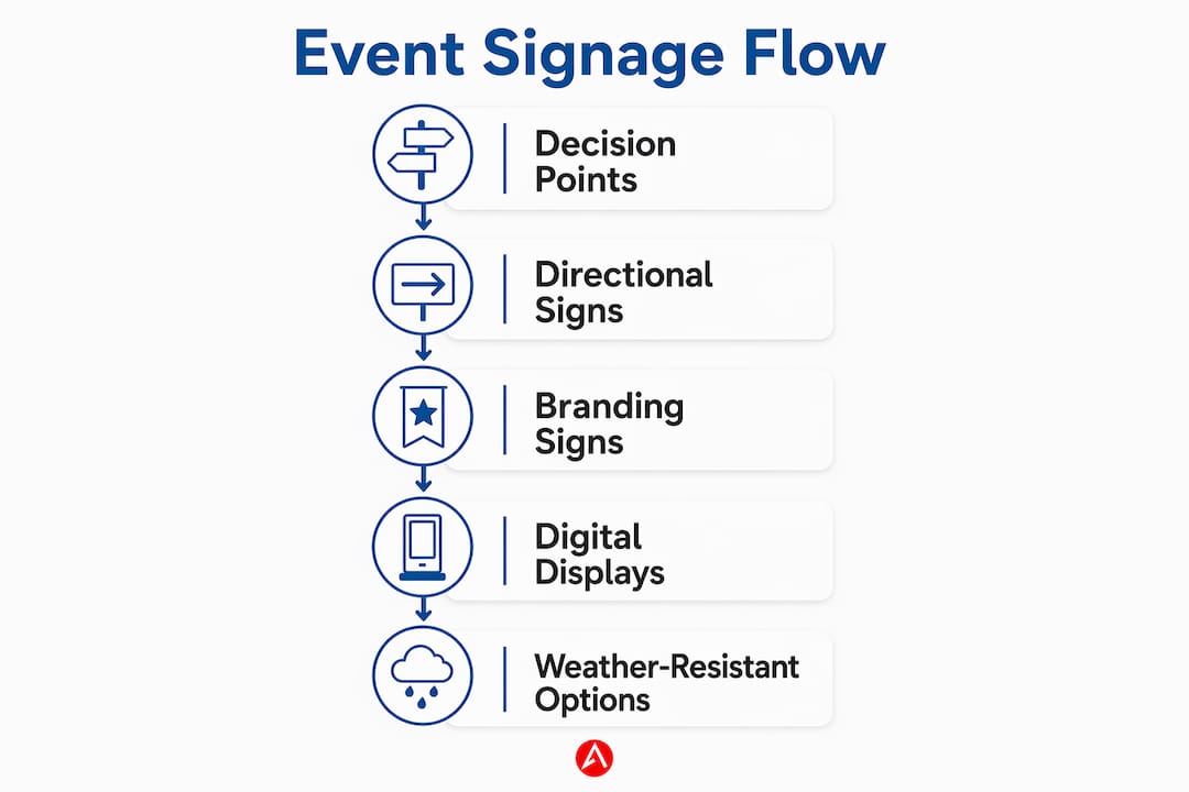Infographic illustrating types of event signage and flow