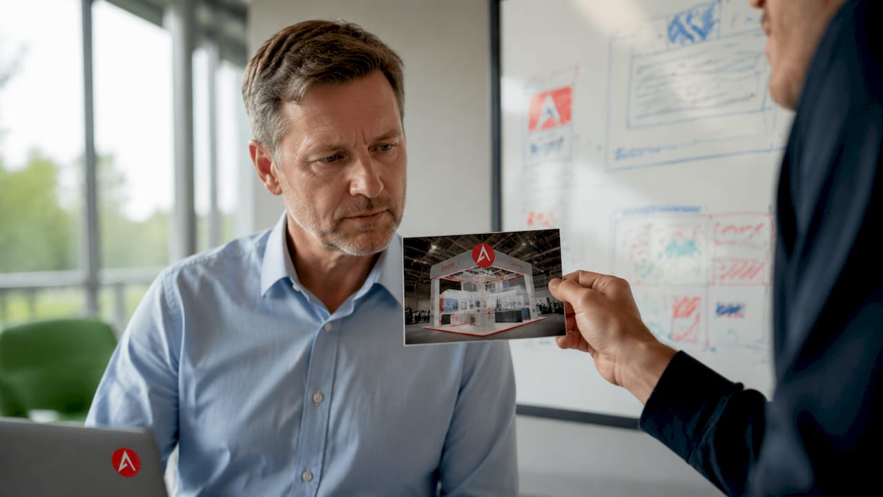 Man reviewing trade show booth photo on phone