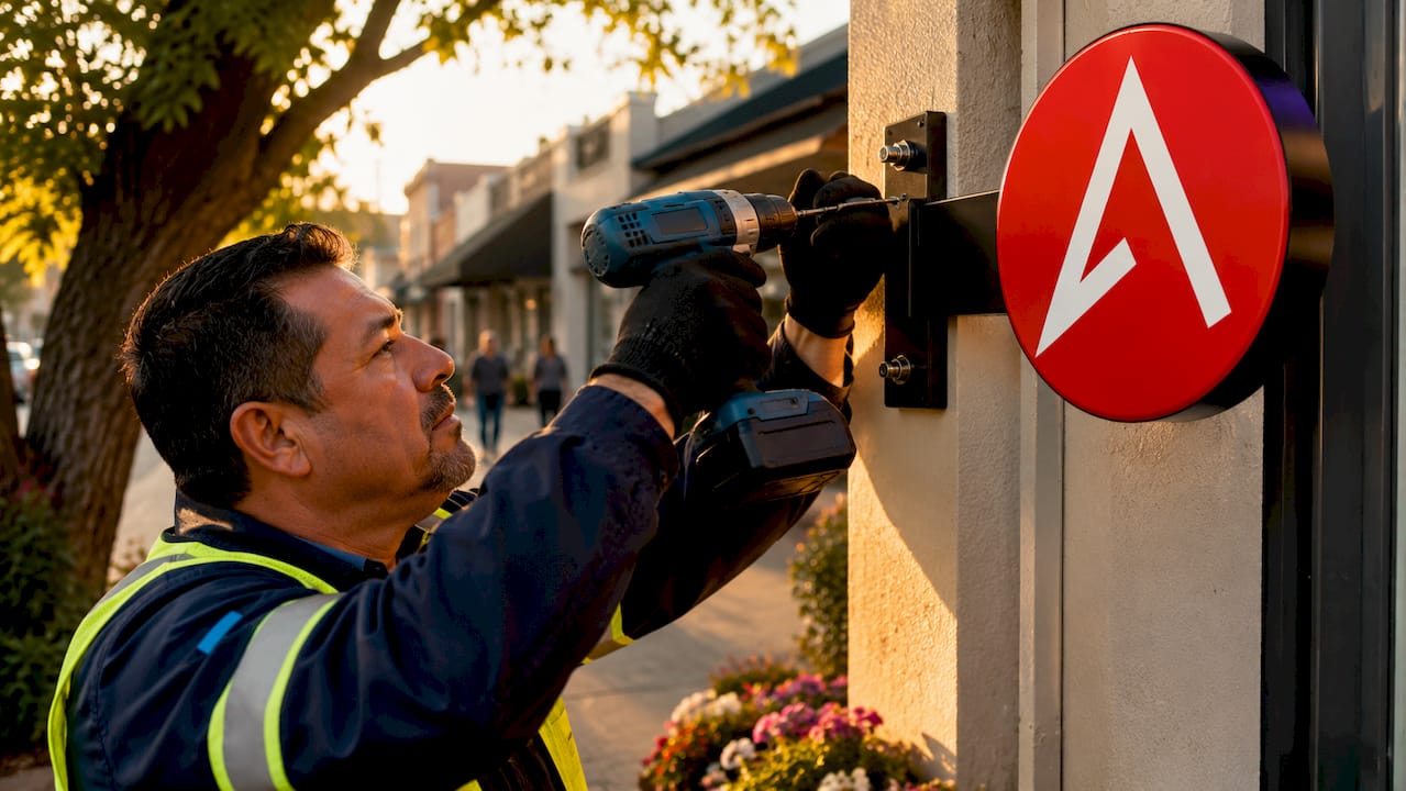 Worker installing durable outdoor sign on storefront