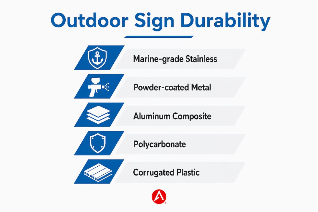 Infographic showing ranked outdoor sign material durability