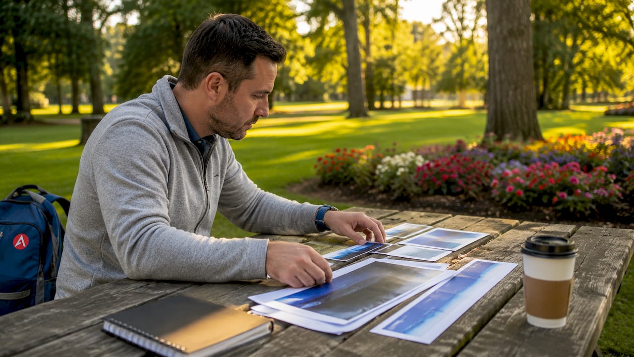 Hands arranging digital banner size prints