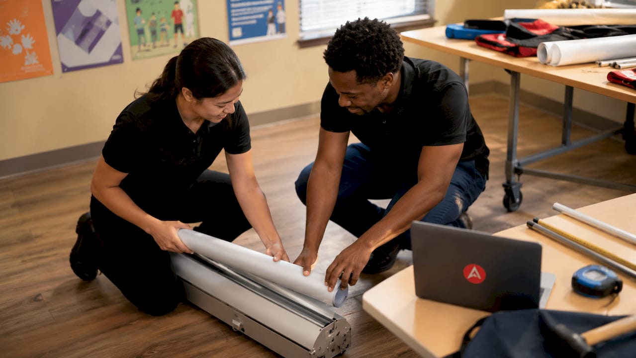 Two workers assembling retractable banner stand