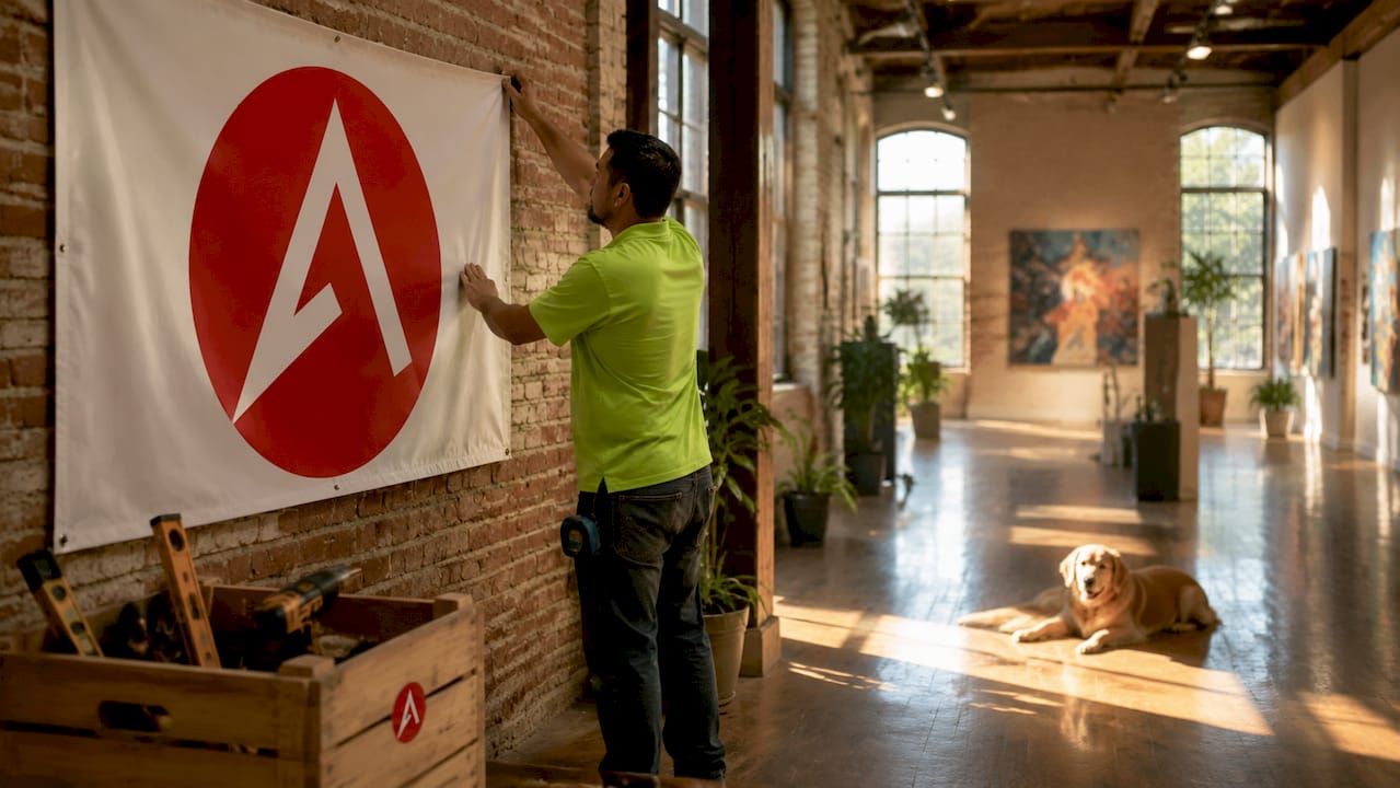 Man installing indoor custom hanging banner