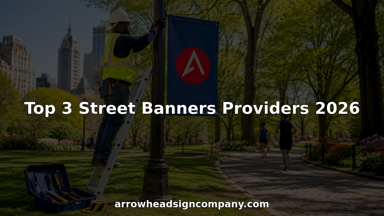 City worker installs street banner on pole outdoors