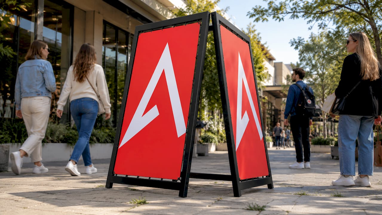 Outdoor double sided banner on pedestrian street
