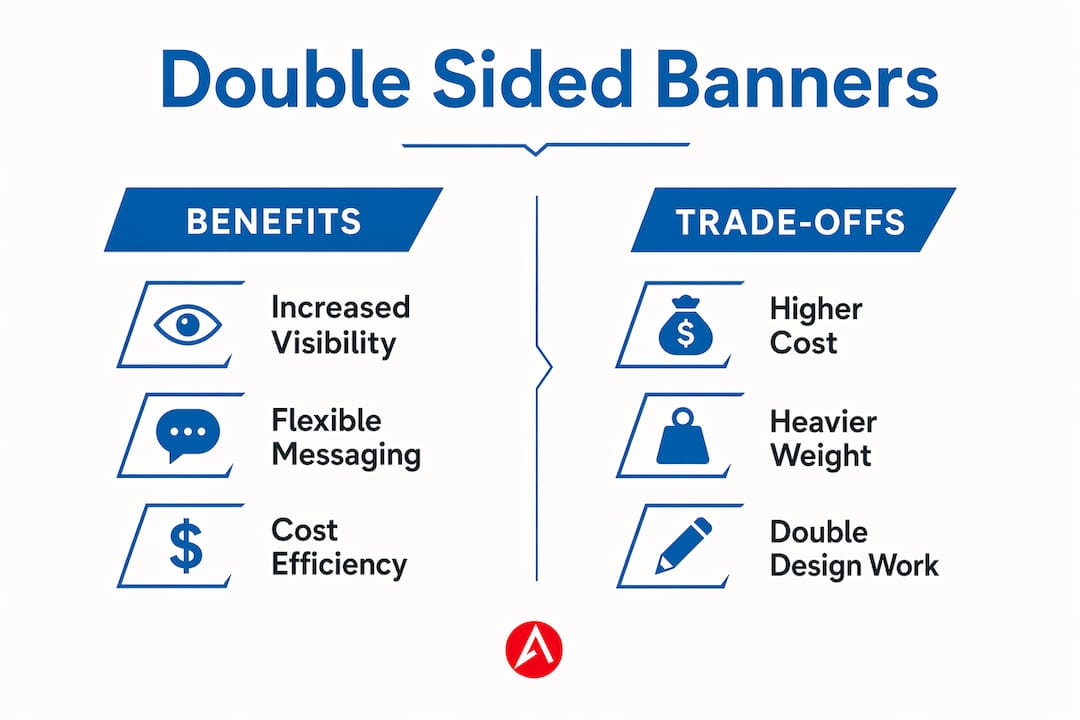 Infographic comparing benefits and trade-offs of double sided banners