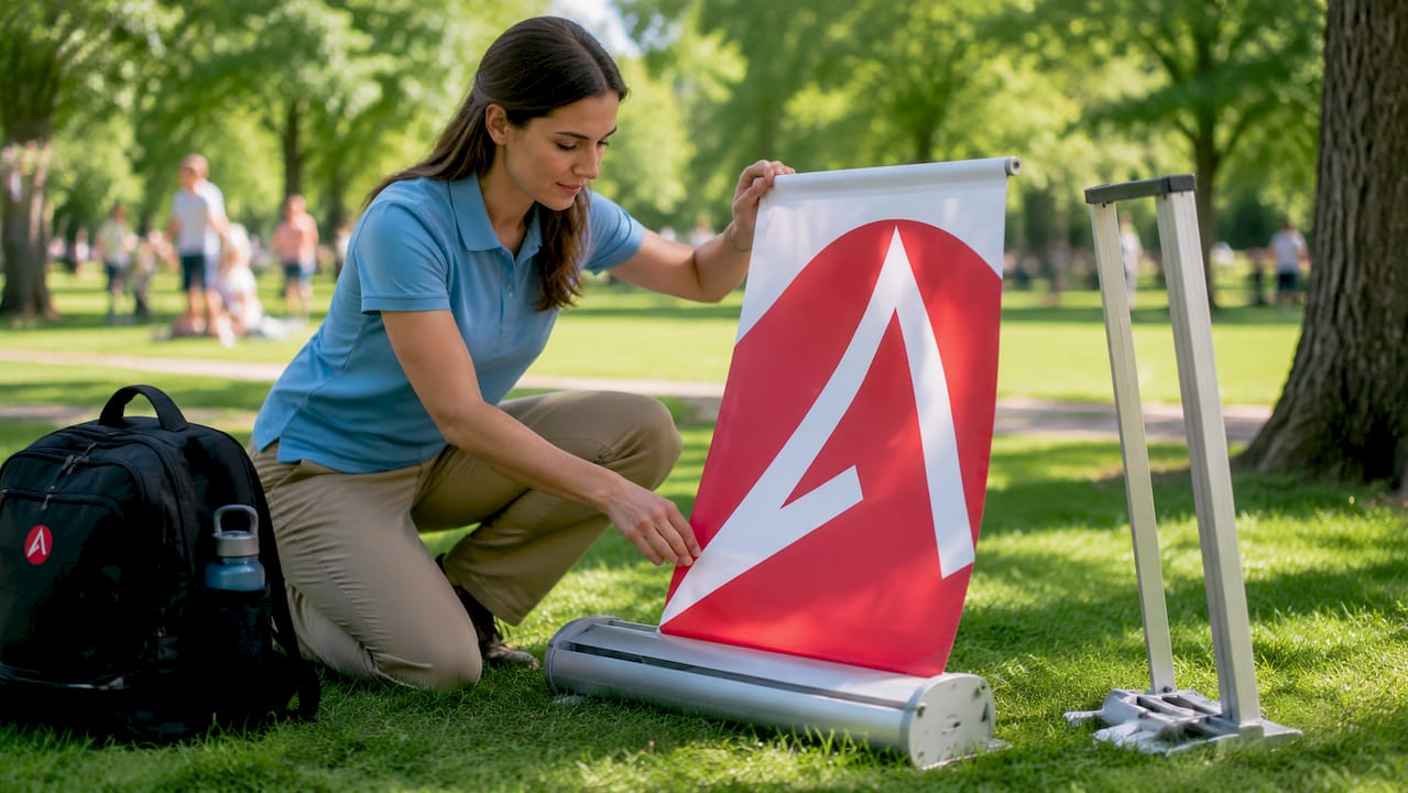 Trade show staff assembling retractable banner stand