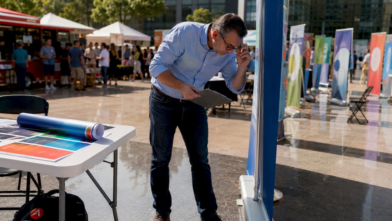 Event coordinator inspecting banner stands at exhibit