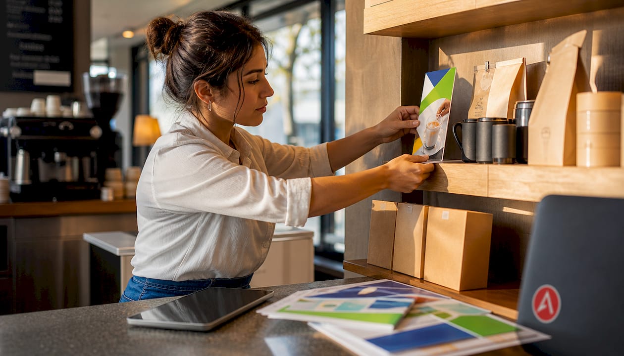 Retail manager arranging product signage in store