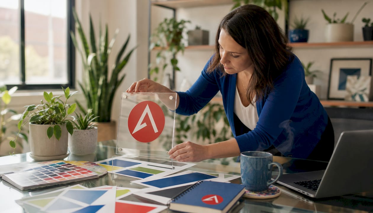 Graphic designer adjusting clear product signage
