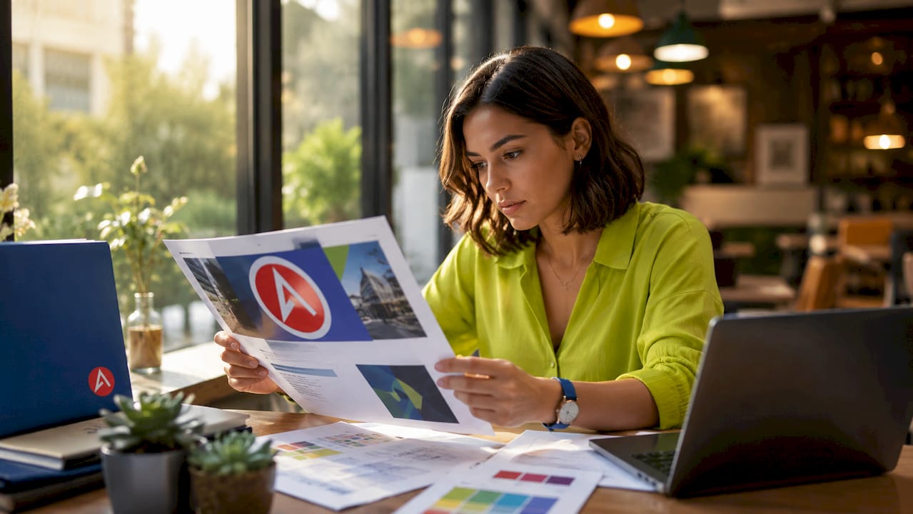 Small business owner reviewing printed sign proof