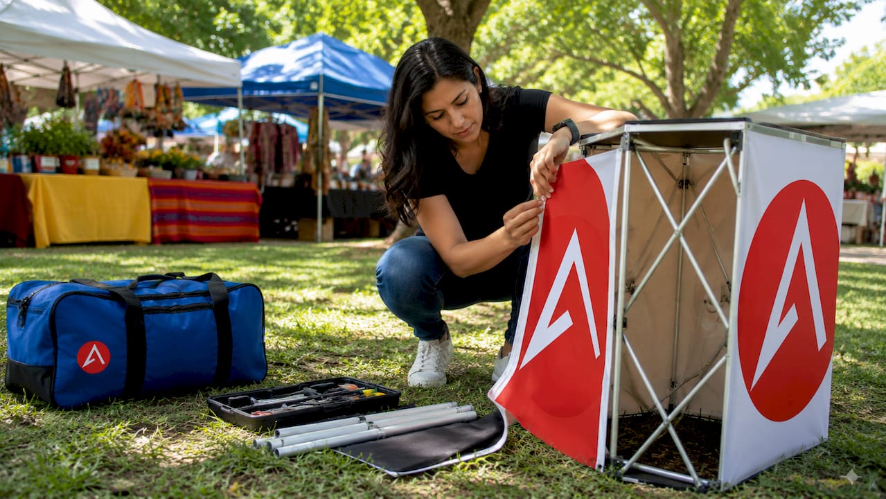 Woman assembling portable marketing booth indoors