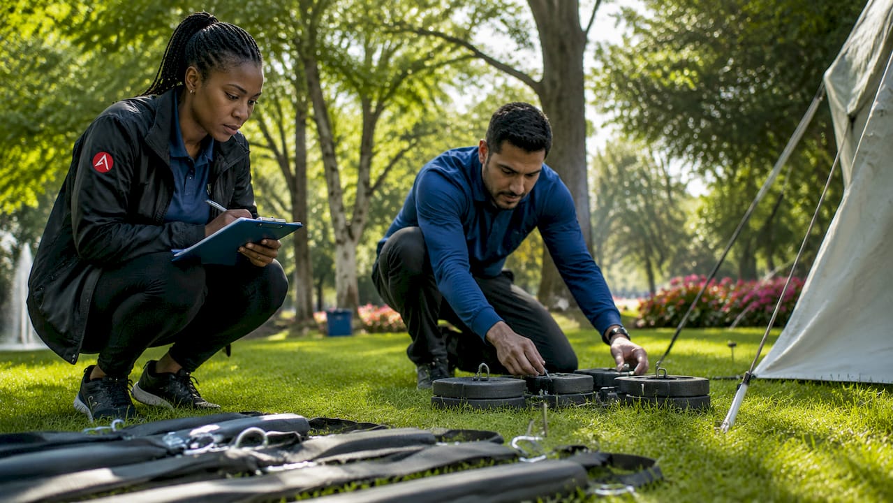 Organizers assessing outdoor tent setup site