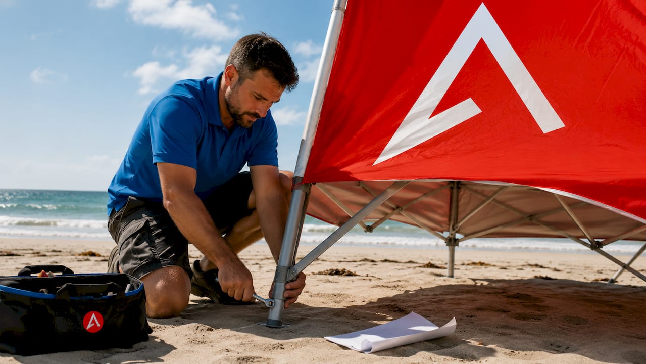 Technician assembling custom printed tent outdoors