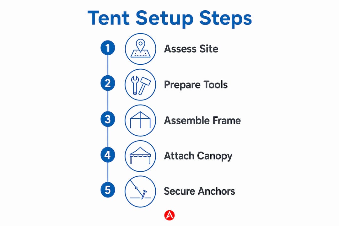 Infographic outlining five tent setup steps