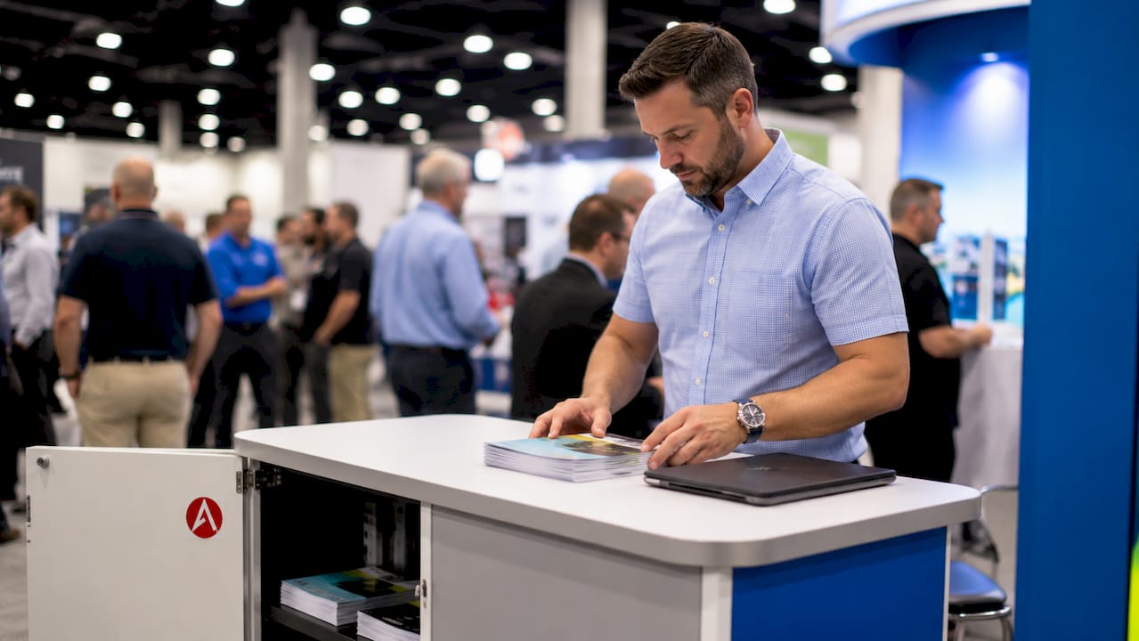 Exhibitor organizing items on trade show counter
