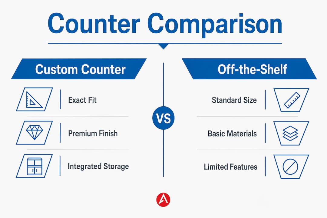 Infographic comparing custom and off-the-shelf trade show counters