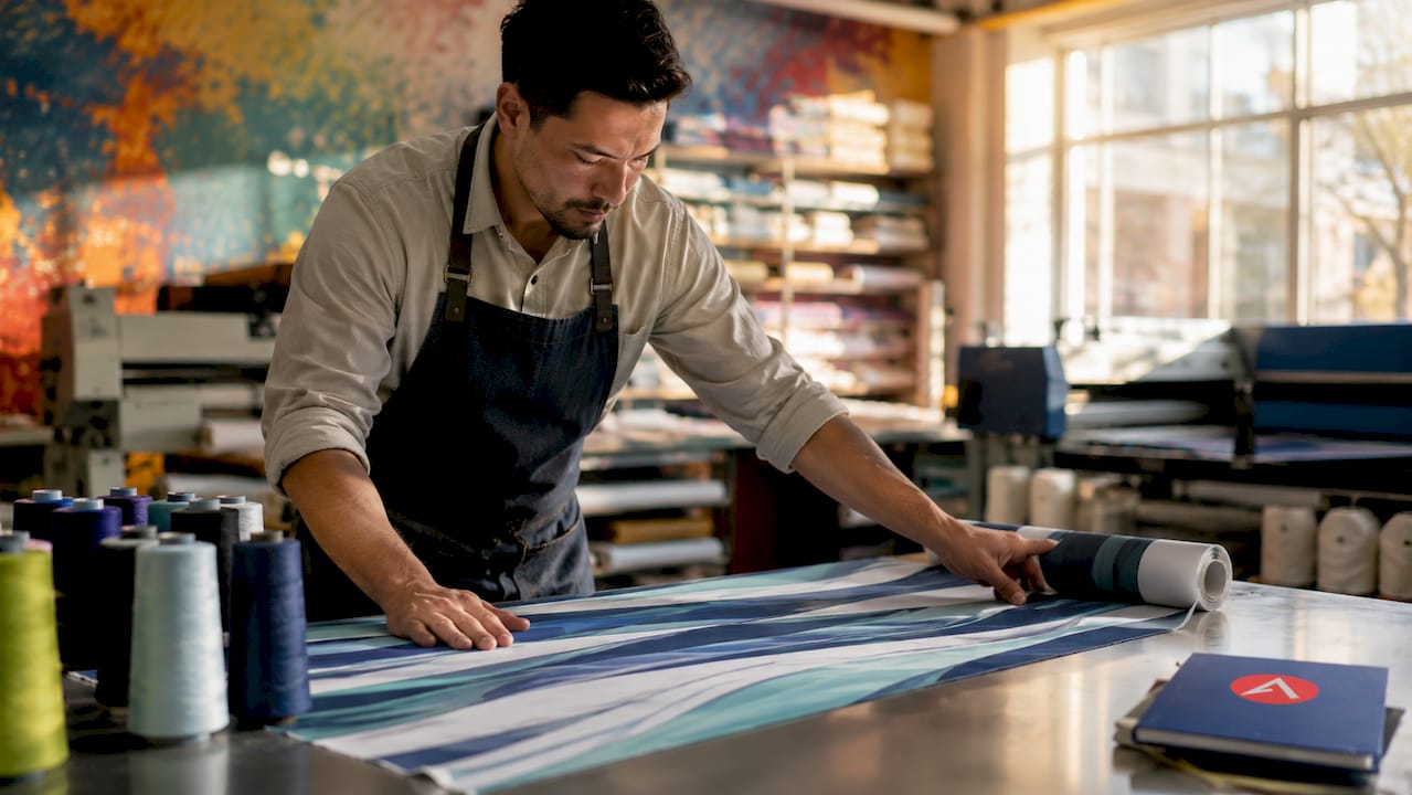Technician inspecting dye-sublimated fabric in workshop