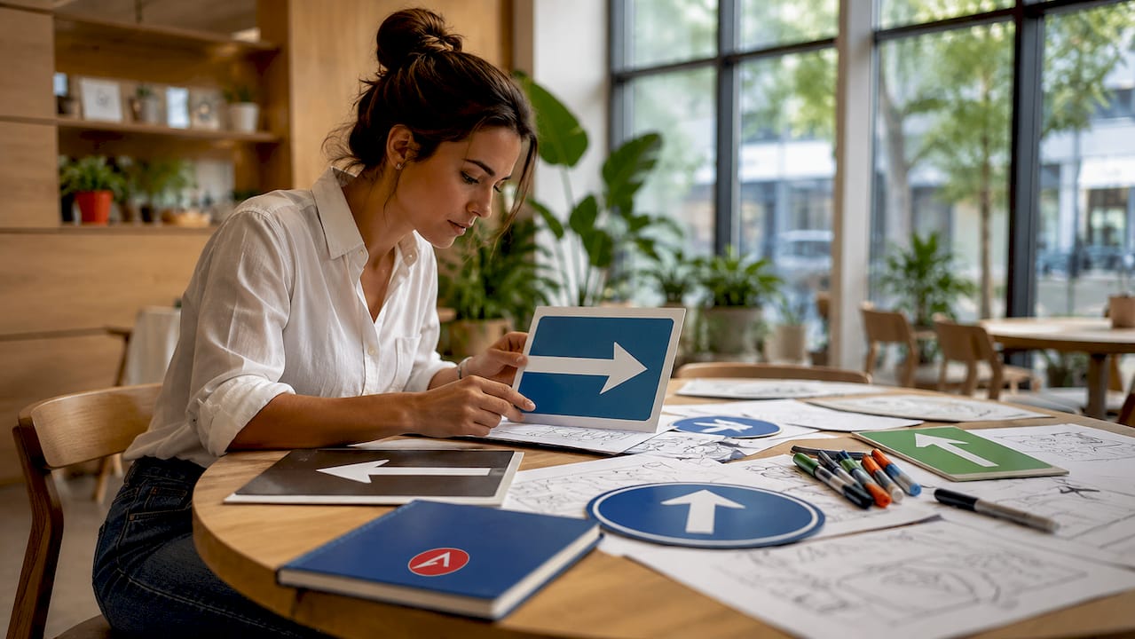 Event planner reviewing directional signage samples