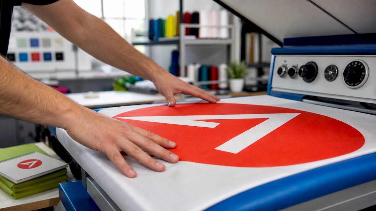 Hands operating heat press for fabric printing