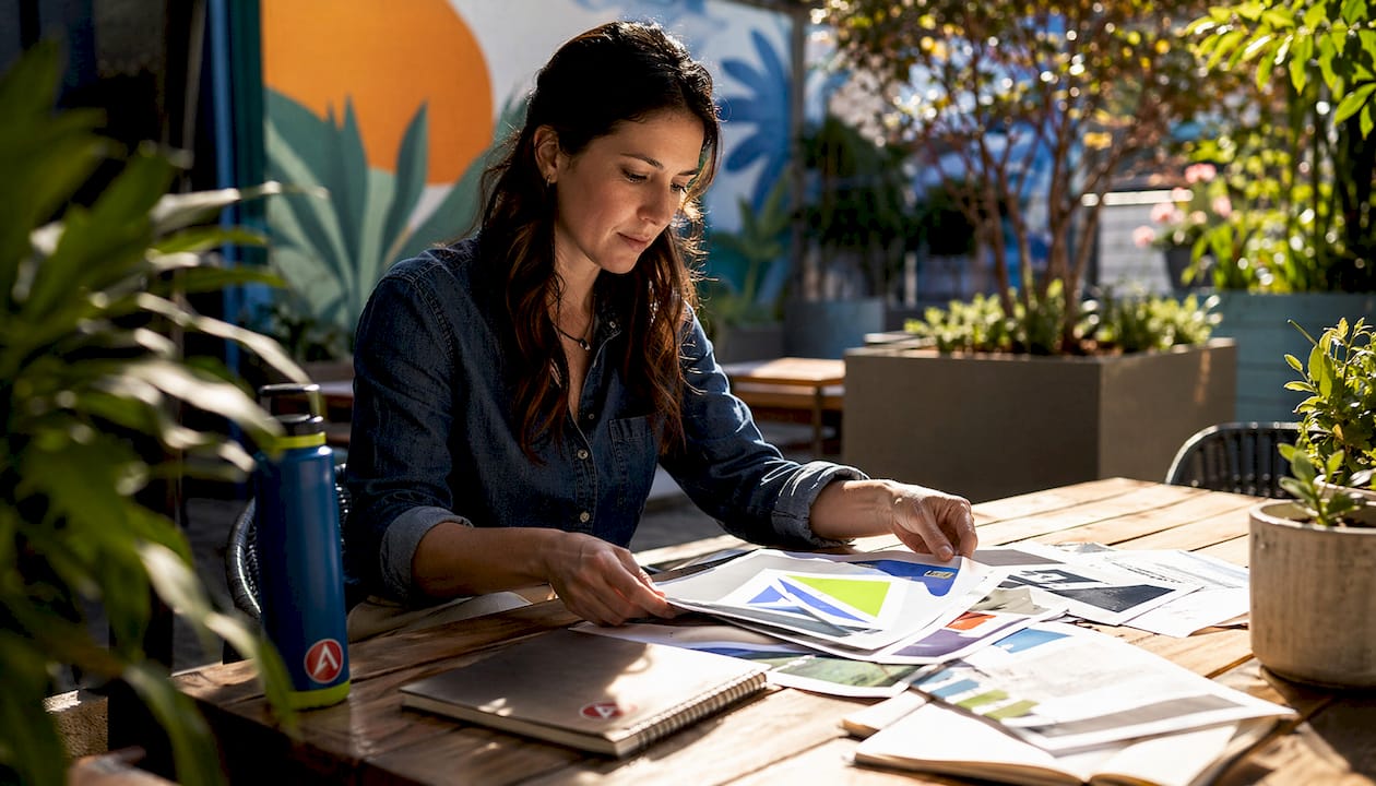 Event organizer reviewing printed signage samples