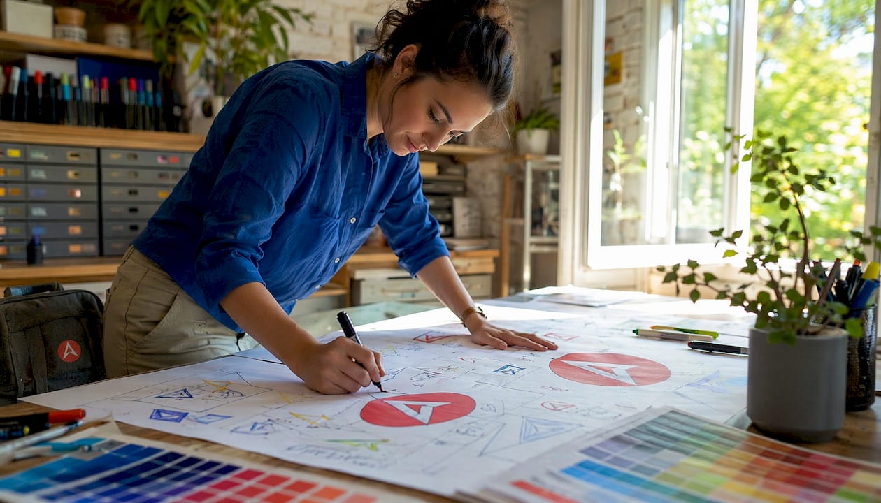 Graphic designer sketching booth signage concepts