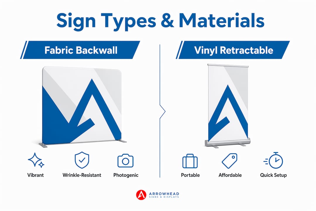 Infographic comparing fabric backwall and vinyl retractable signage