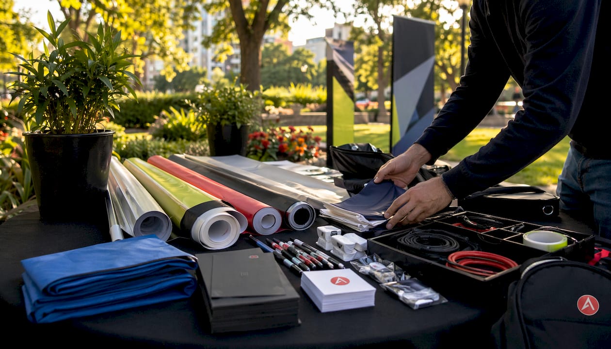Organized trade show kit components on table