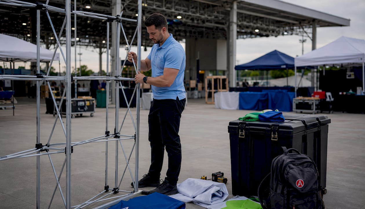 Exhibitor setting up trade show booth structure