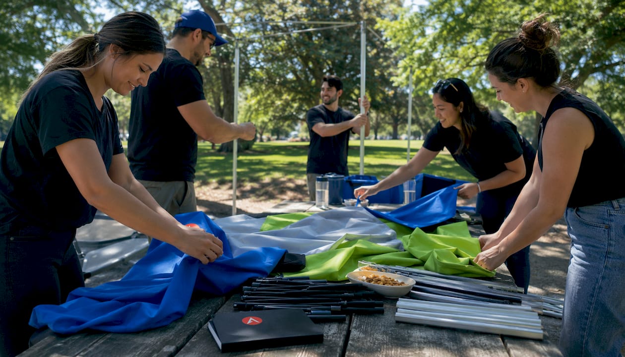 Overhead hands unfolding pop-up booth frame