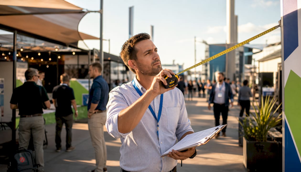 Person measuring trade show sign distance