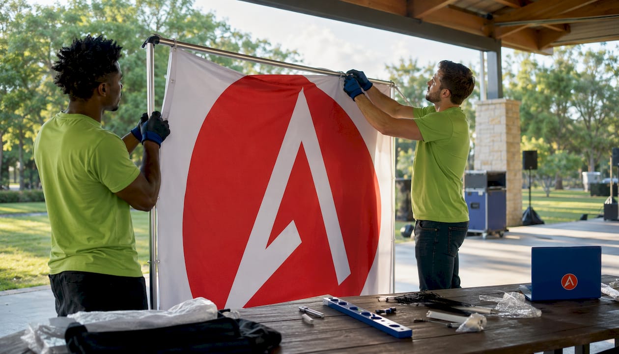 Workers assembling fabric backwall display