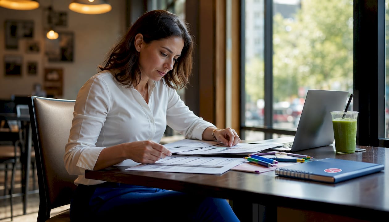 Event planner reviewing printed signage schedules