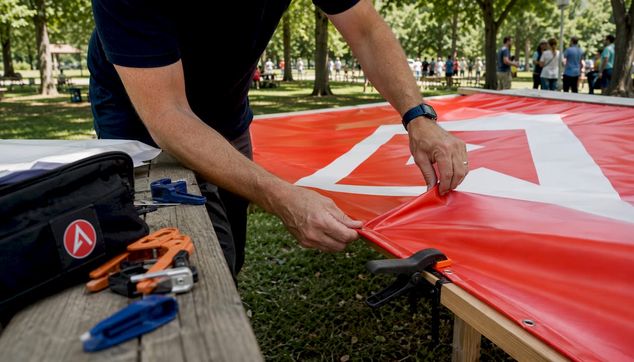 Hands assembling large event banner frame