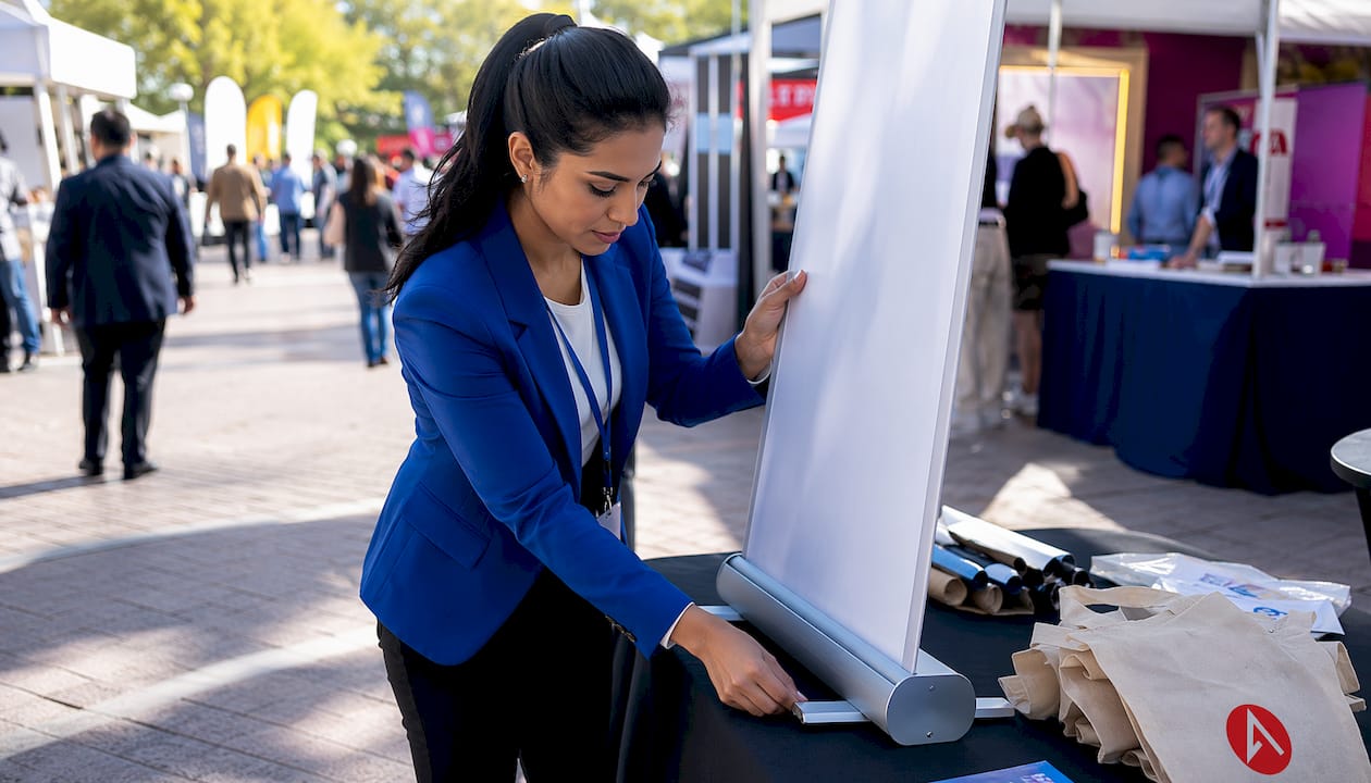 Woman setting up retractable banner at trade show