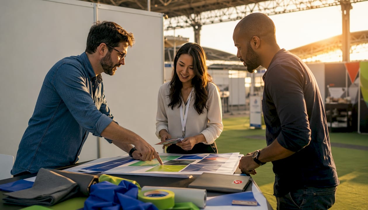 Team discussing trade show booth layout