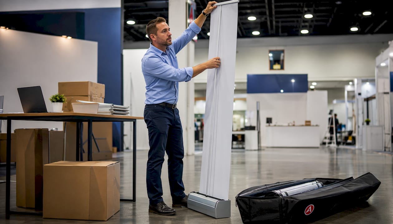 Exhibitor setting up retractable trade show banner