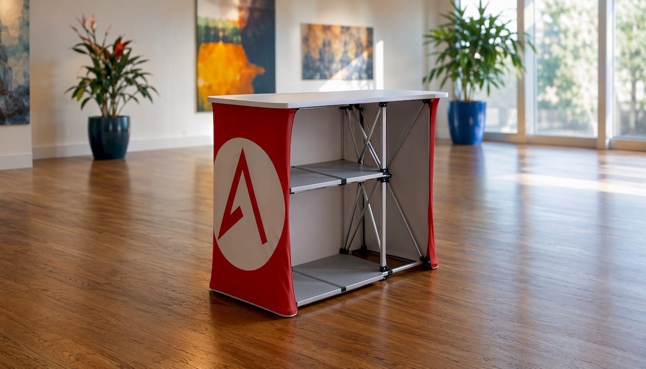 Portable folding trade show counter in warehouse