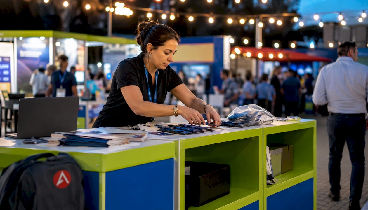 Exhibitor setting up demo counter at trade show
