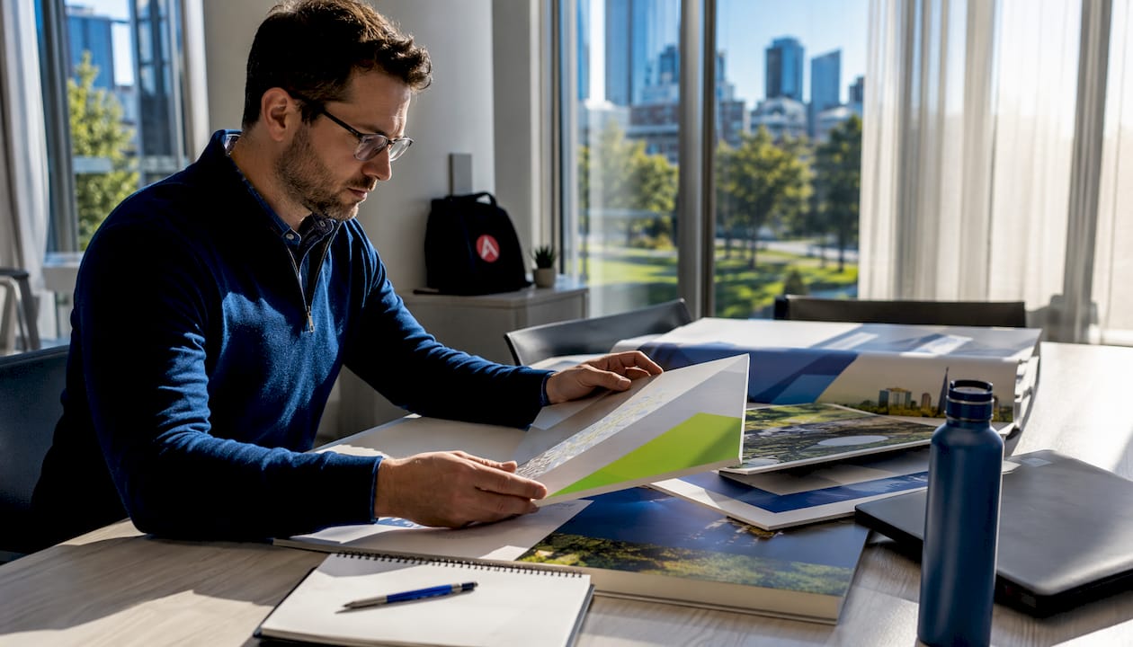 Business exhibitor reviewing trade show print samples