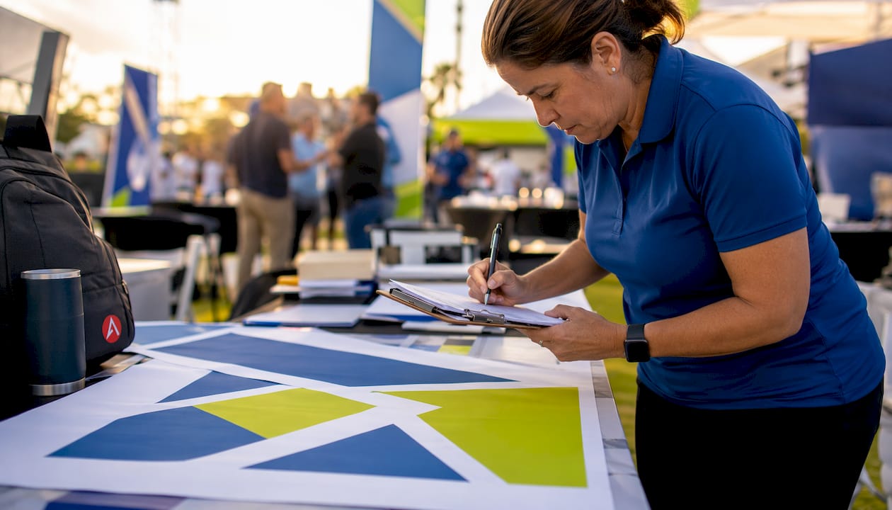 Operator checking trade show prints in warehouse